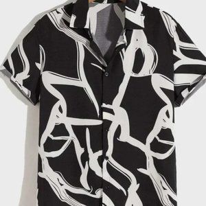 Casual Black & White Men's Summer Graphic Shirt
